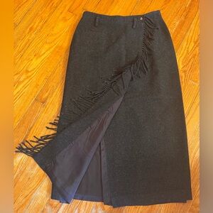 British Khaki Grayish-Black Pencil Skirt with Fringe